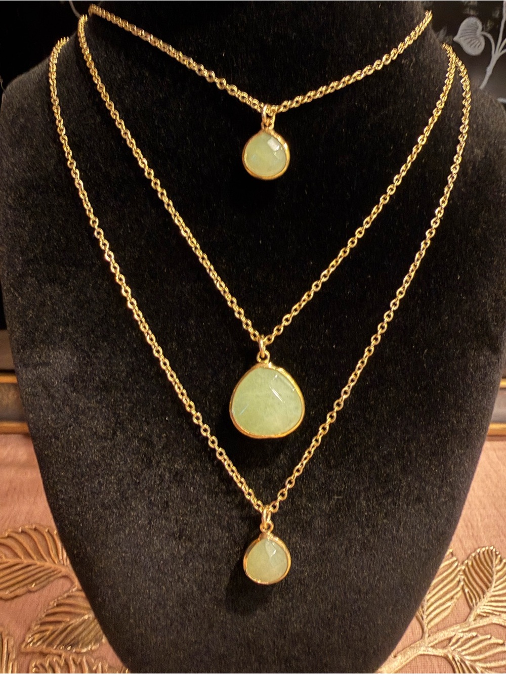 Gold Triple-Layer Necklace with Green Stone Pendants
